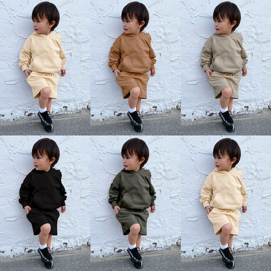 Children's Long-sleeved Sweater Shorts Two-piece Set Solid Color Boys Thickening Exercise Children's Suit