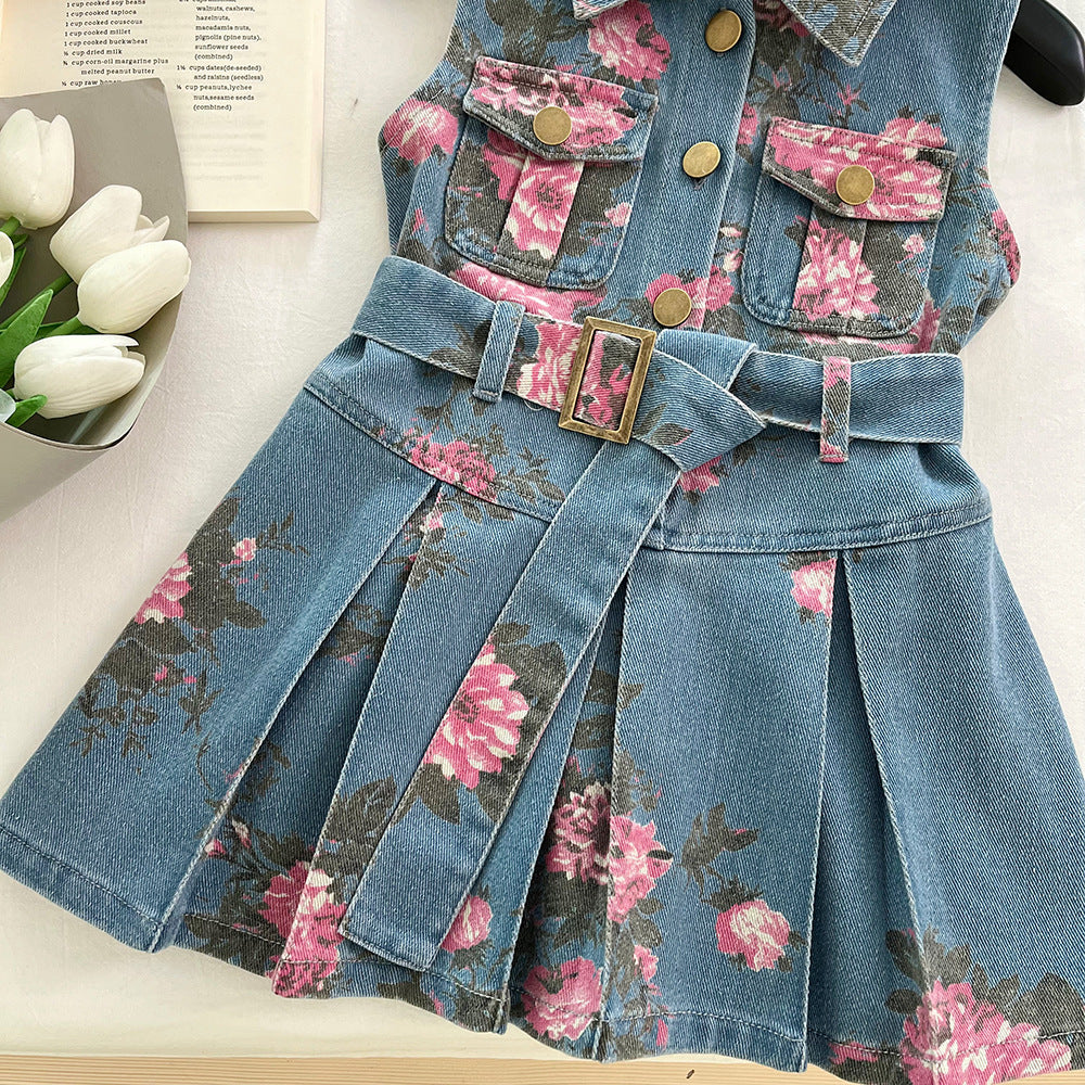 Summer Korean Style Printed Denim Sleeveless Children's Dress