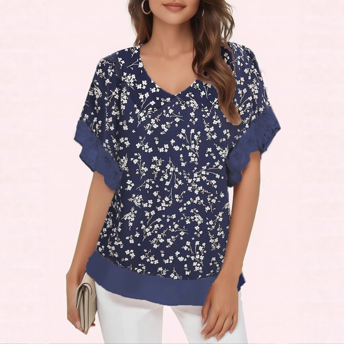 Women's Stringy Seedge Round Neck Printed Short-sleeved Lace Shirt, Chiffon Shirt
