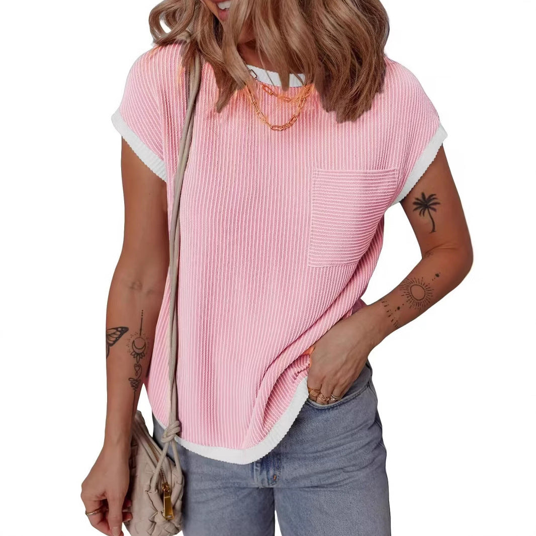 Women's Round Neck Knitted In Contrast Color Casual Twist Women's T-shirt
