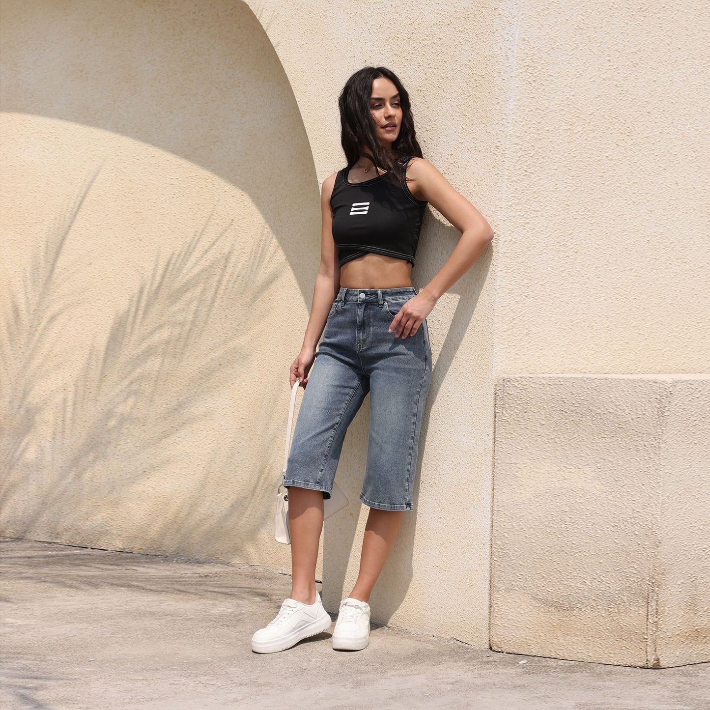 Women's Mid-length Breathable Knee Length Elastic High Waist Tide Stretch Women's Jeans