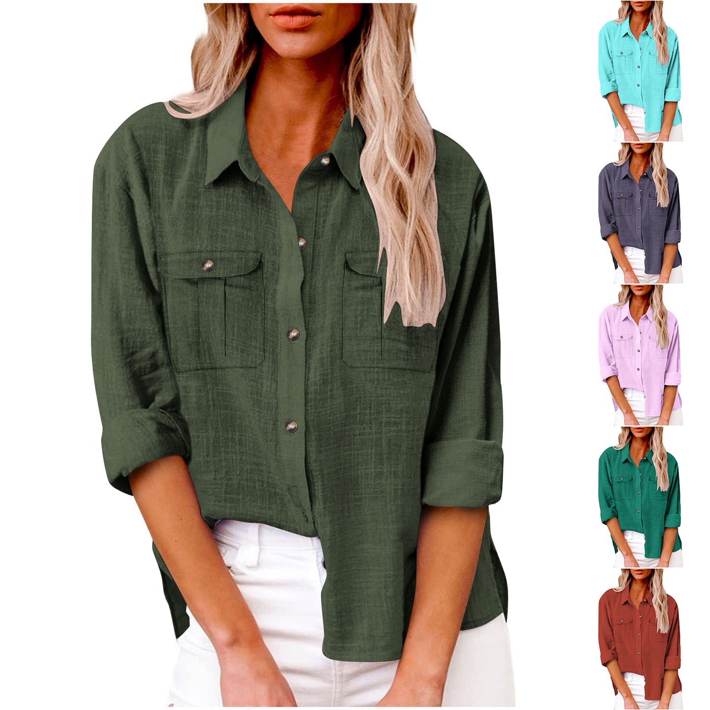 Women's Pocket Split Long Sleeve Cotton Linen Clothing