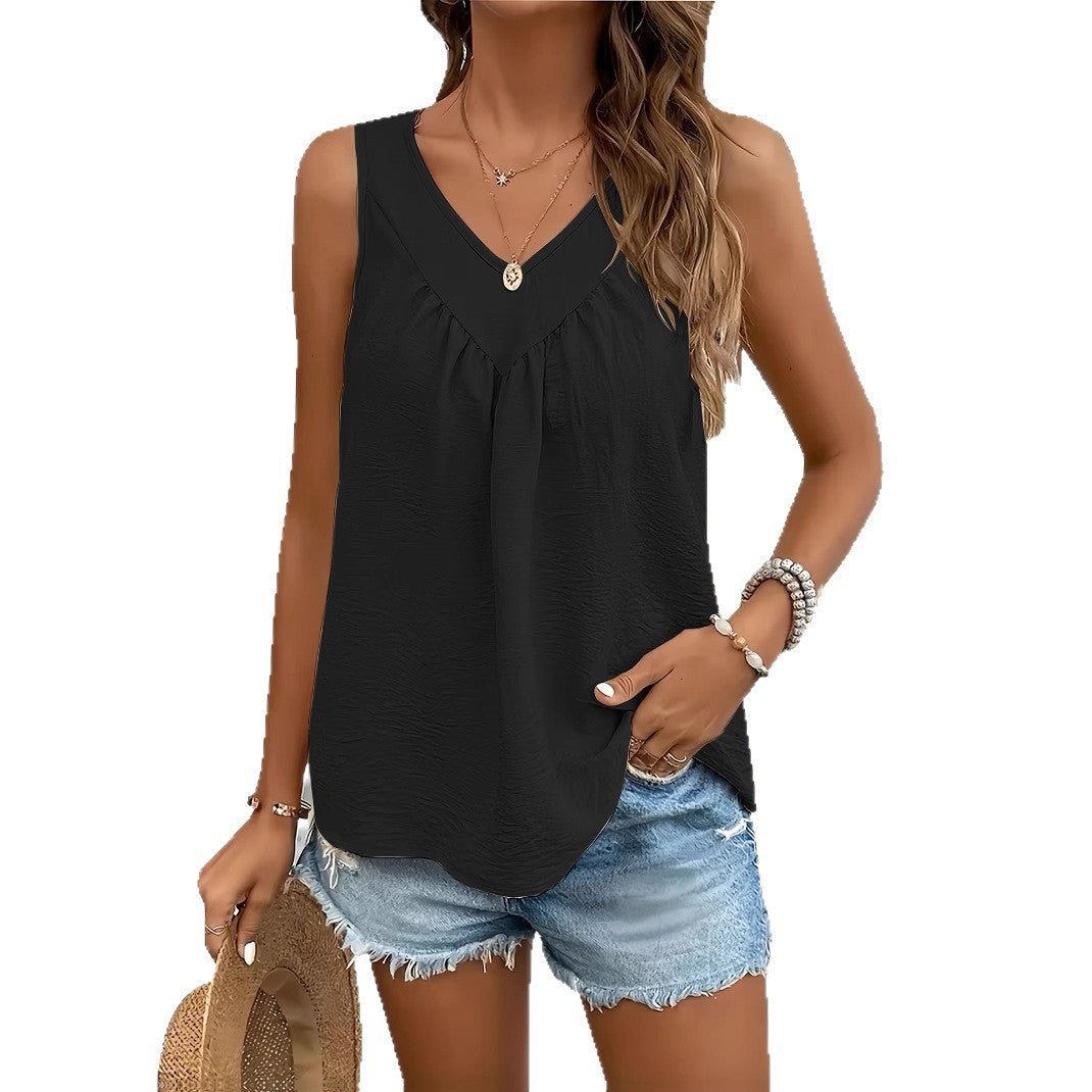 Women's Summer Sleeveless Woven Pleated Solid Color Small Vest/suspenders/tube Top