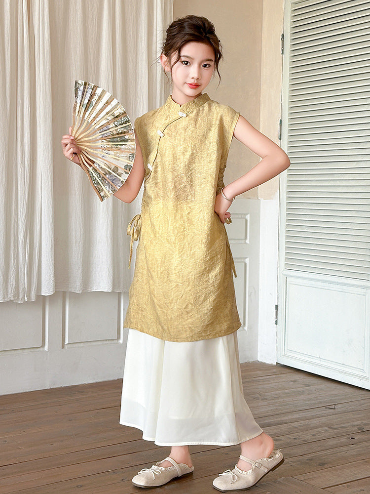 Children's Suits Summer National Sleeveless Cheongsam Dress Children's Suit