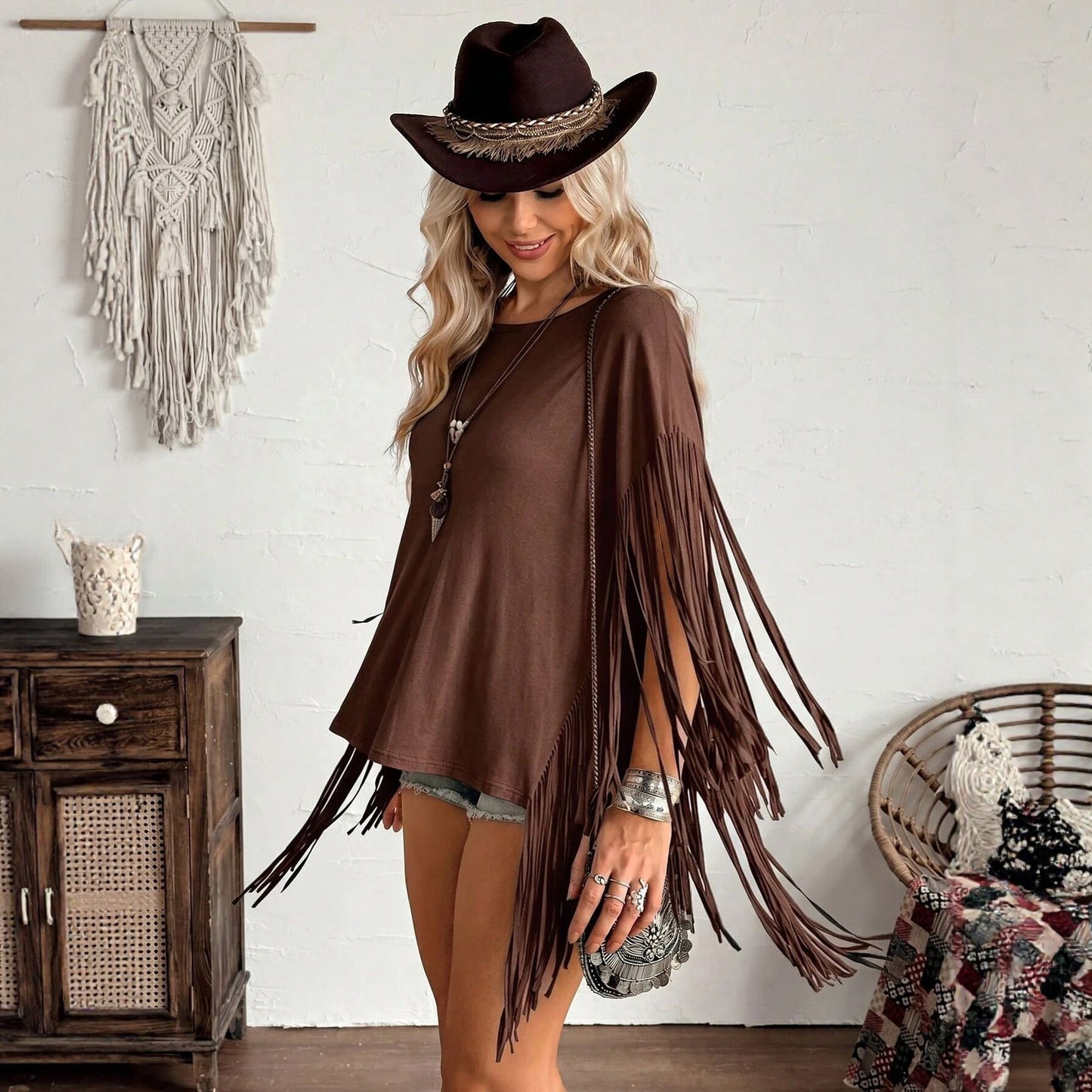 Women's Tassel Long-sleeved Loose Slimming Shawl Fashionable Women's T-shirt