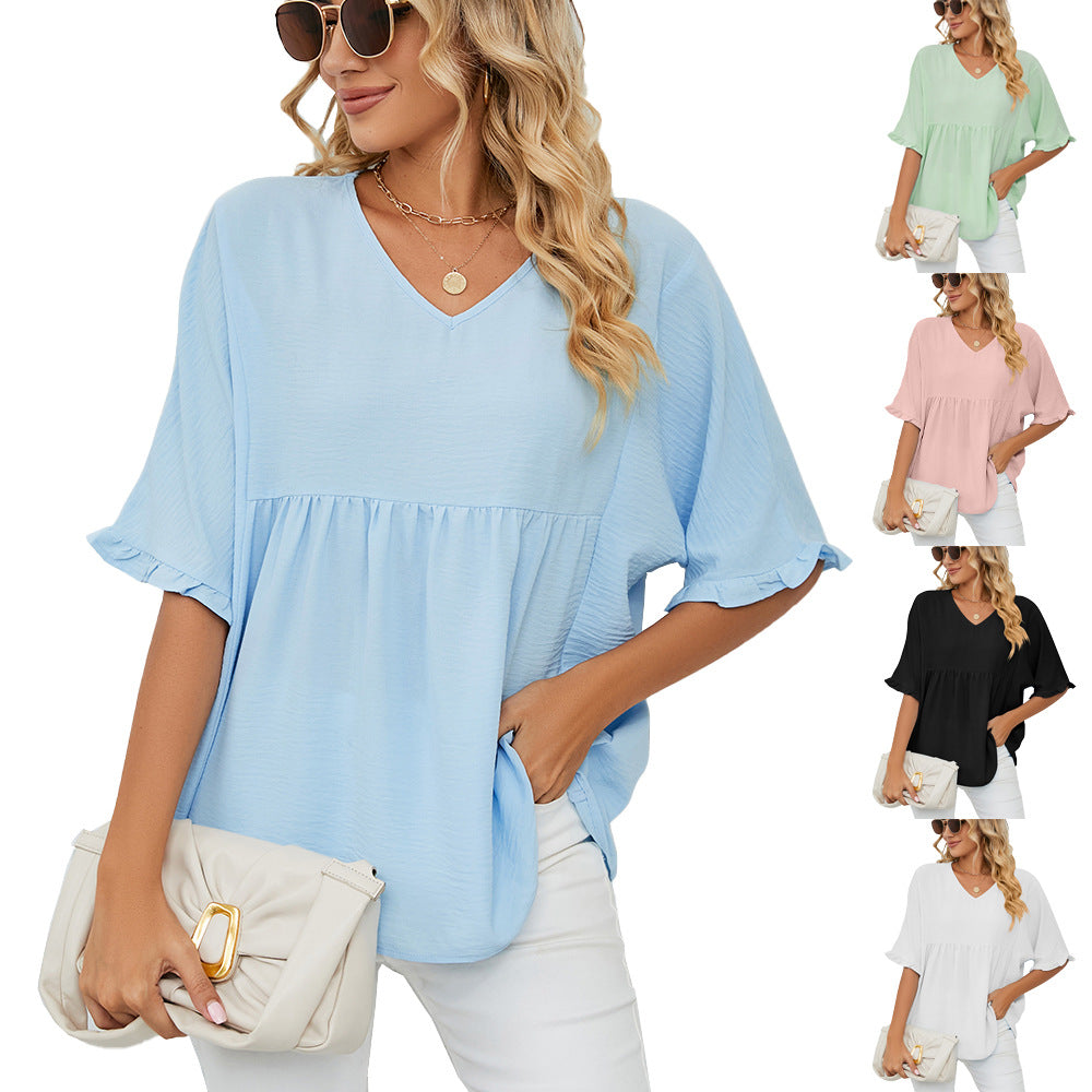 Women's Summer Solid Color Loose Pleated Stitching Half Lace Shirt, Chiffon Shirt