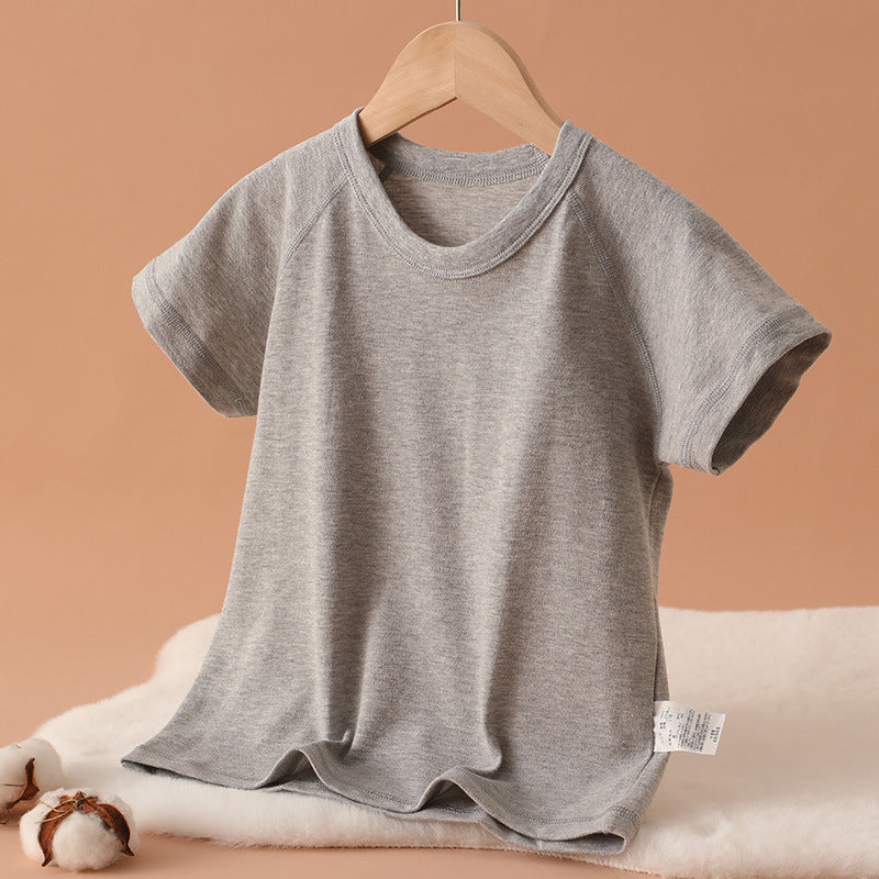 Children's Cotton Short-sleeved Boys Solid Color Mesh Beaded Round Neck Sports Children's T-shirt
