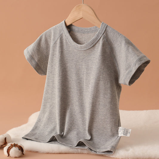 Children's Cotton Short-sleeved Boys Solid Color Mesh Beaded Round Neck Sports Children's T-shirt