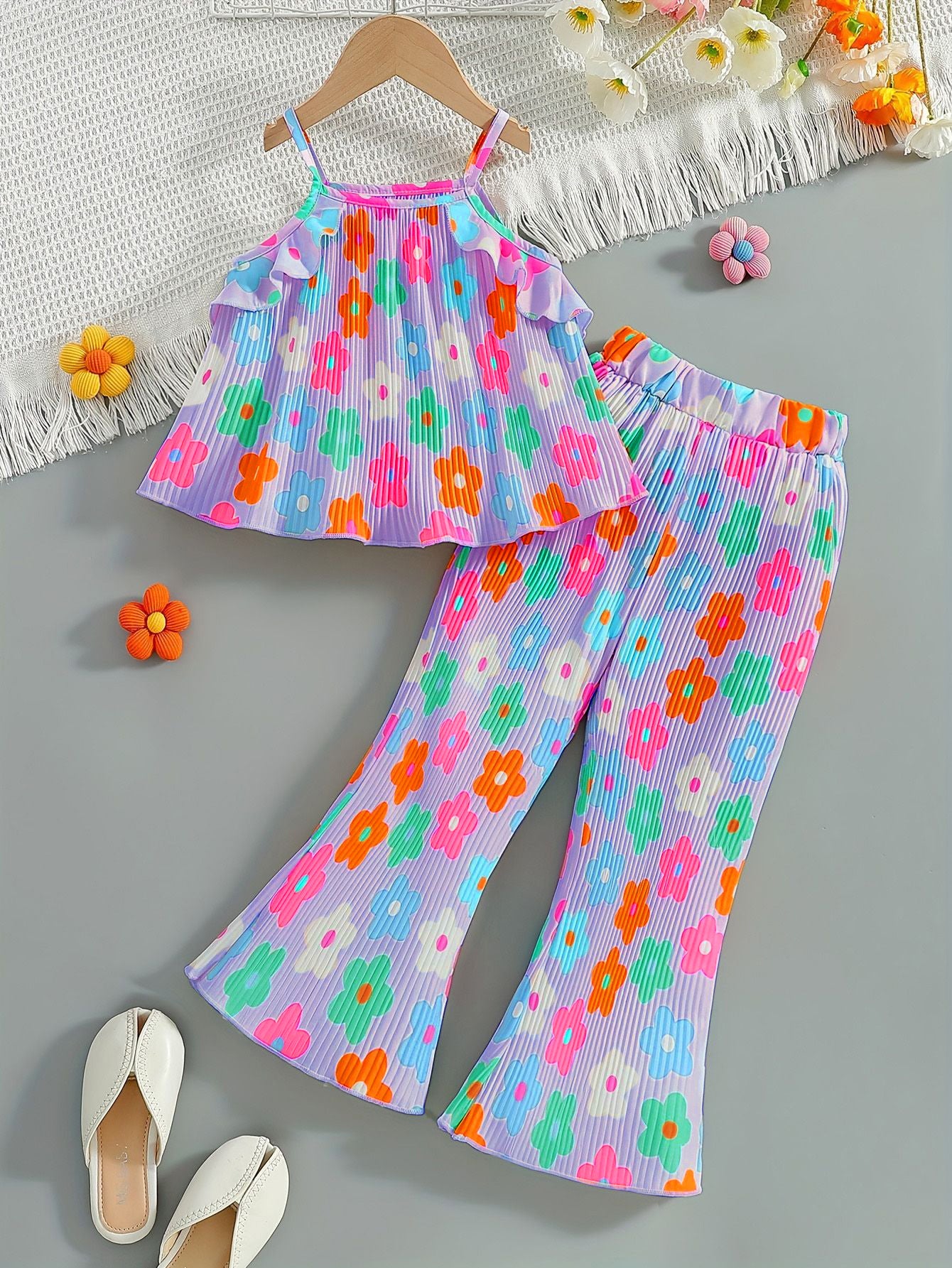 Children's Clothing Summer Sling Pleated Design Pants Sweet Cute Children's Suit