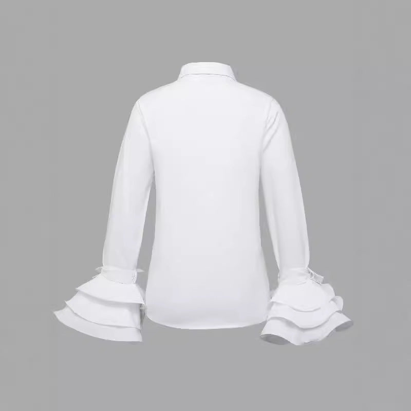 Women's Autumn Solid Color Slim Casual Ruffle Sleeve Tops