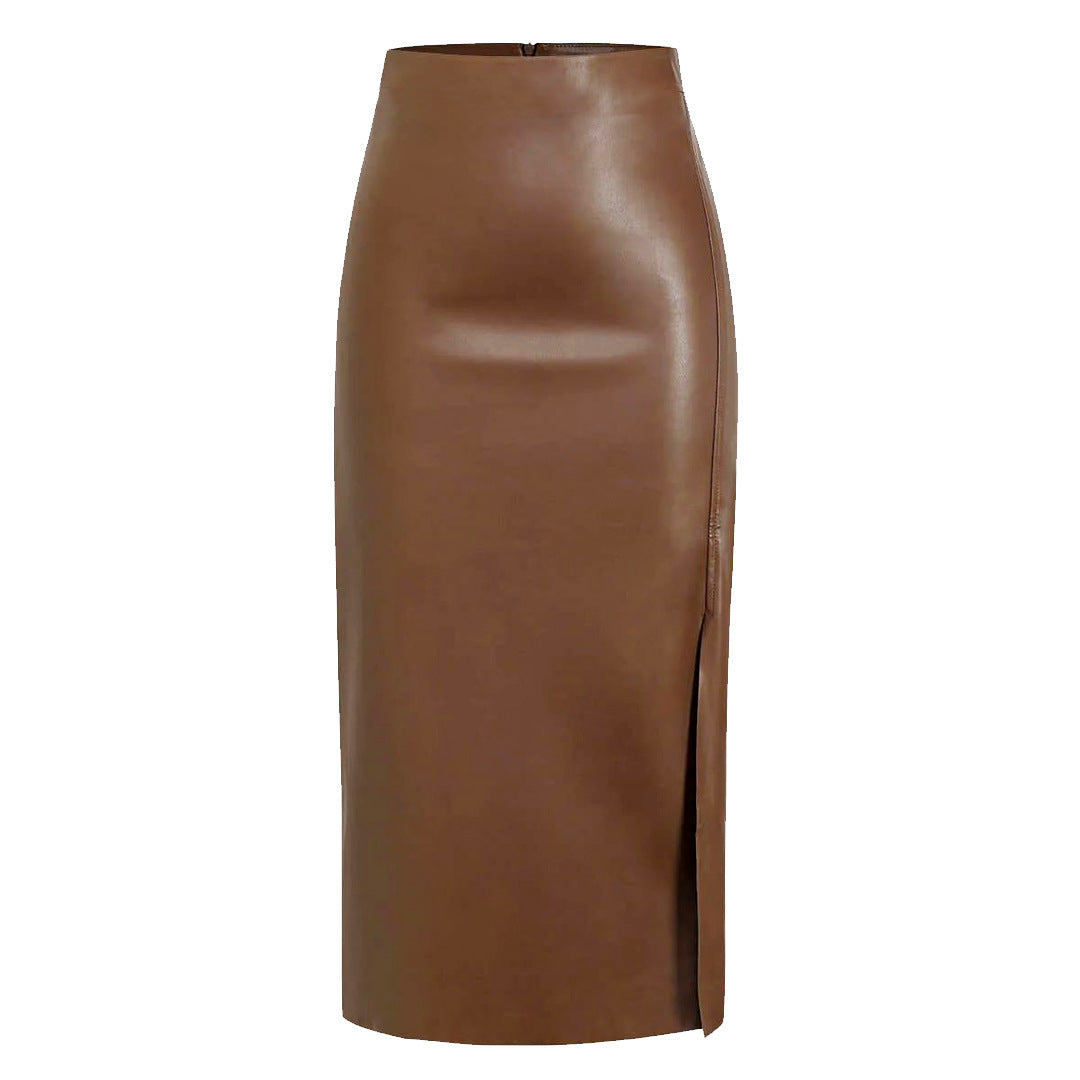 Women's Split Leather High Waist Zipper Sheath Dress Skirts