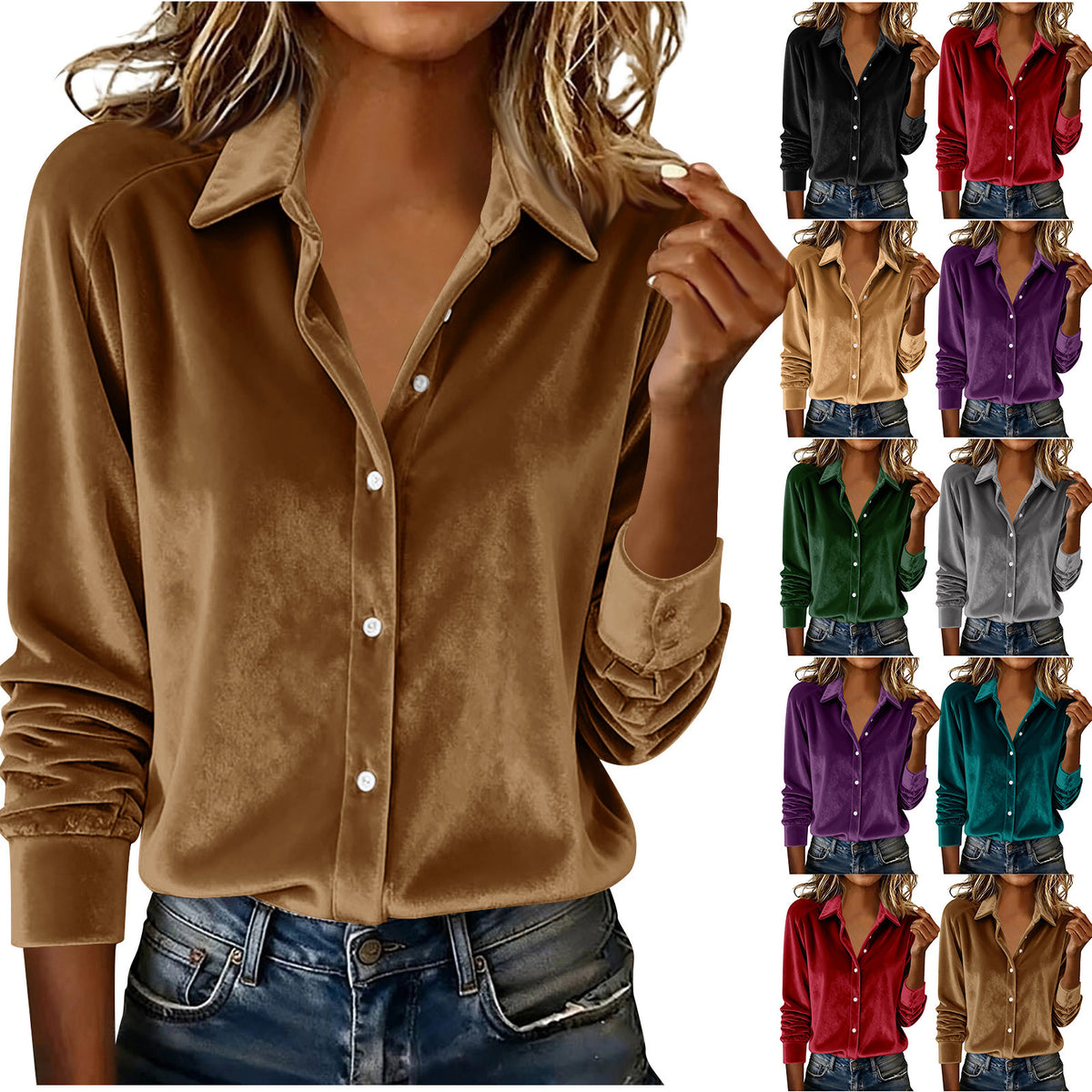 Spring Simple Solid Color Polo Collar Blouse