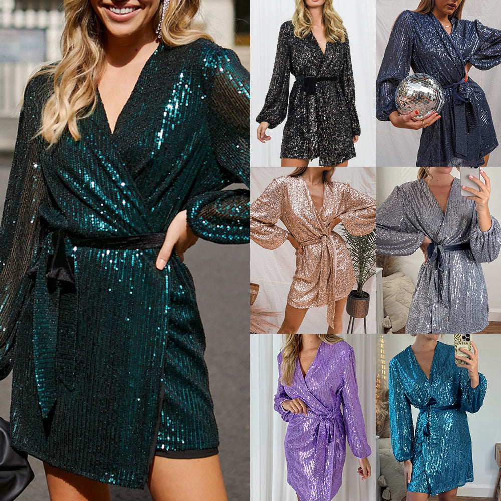 Women's Sequined Mini Slim Dress Collar Long-sleeved Bubble Sleeve Glitter Wrap-around Skirt