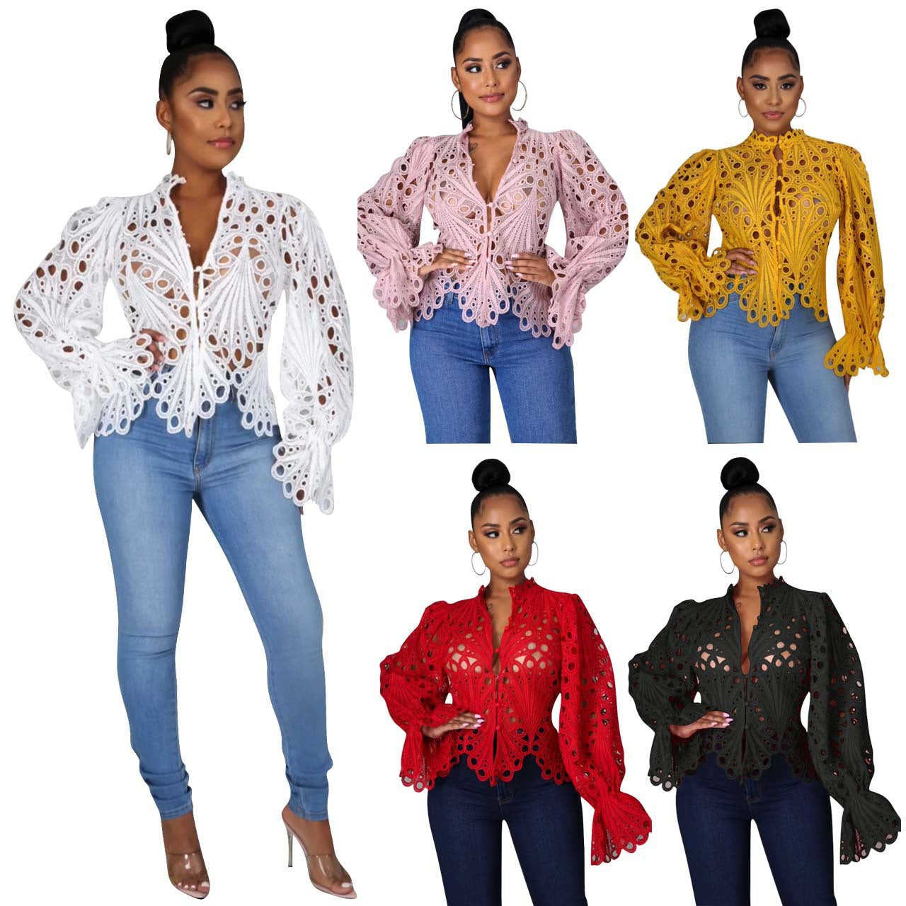 Women's Ripped Sexy Flare Sleeve Breathable Knitted Blouse