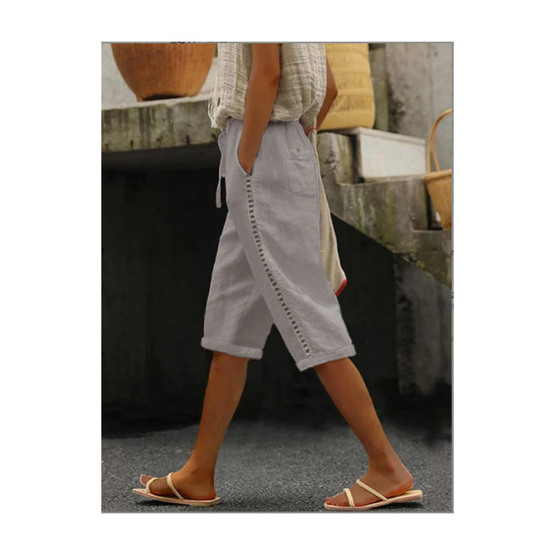 Summer Fashion Woven Cotton Linen Side Lace Hollowed Shorts