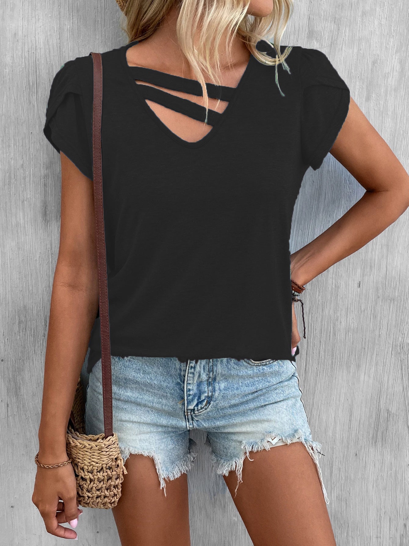 Women's Solid Color Petal Sleeve Loose Women's T-shirt