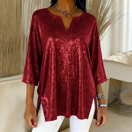 Women's Shiny Loose Long Sleeve Split Cropped Tops