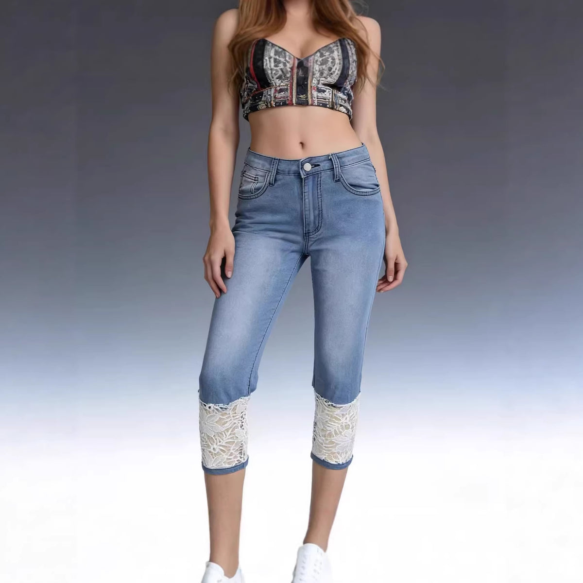 Women's Lace Fashion Personalized Cropped Straight Women's Jeans