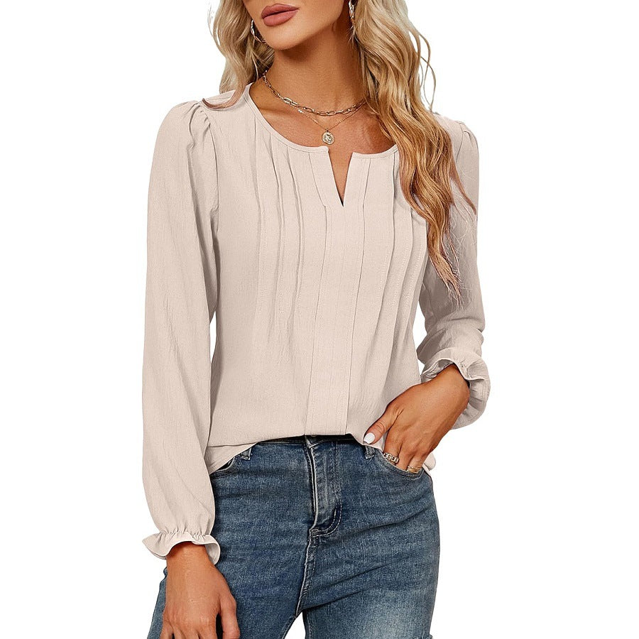 Women's Casual Solid Color Long Sleeve Stripes Lace Shirt, Chiffon Shirt