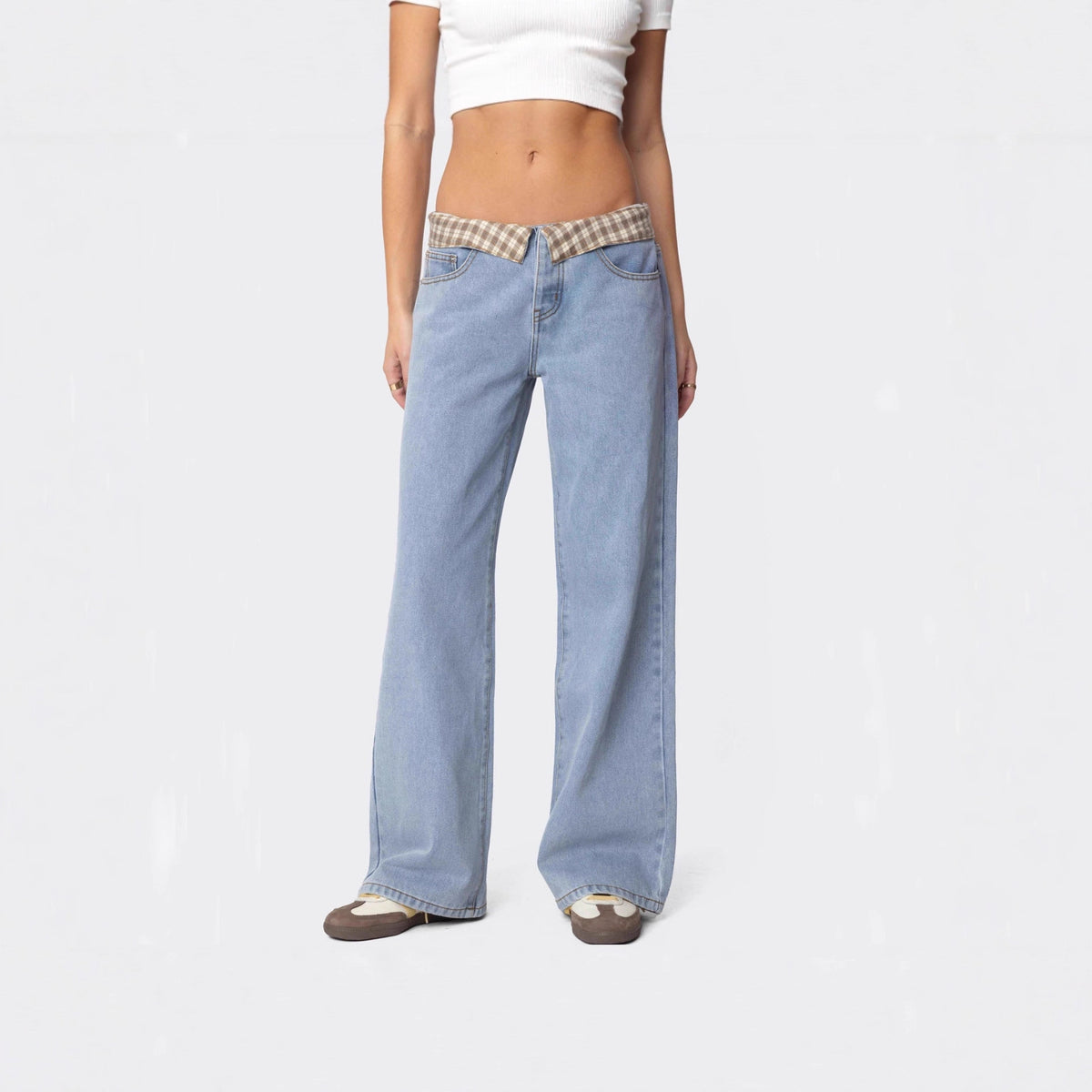 Women's Checked Cloth Color Loose Casual Denim Trousers Pants