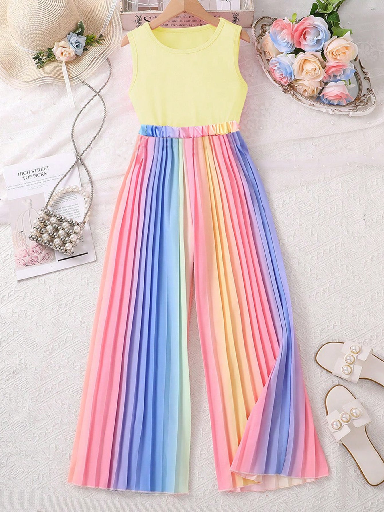 Summer Short Sleeveless Vest Color Gradient Pleated Trousers Teens Children's Suit
