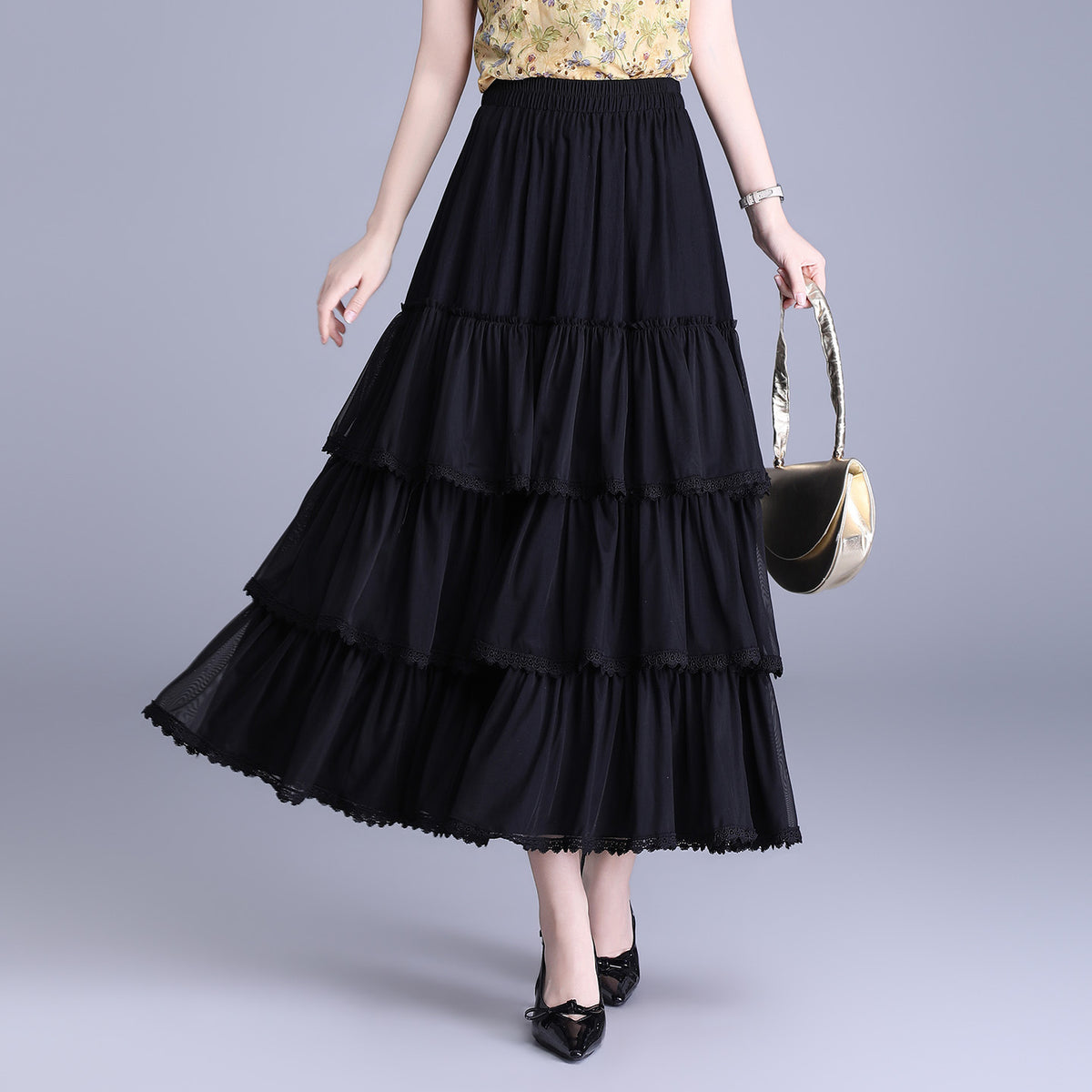 Women's Fairy Mesh A- Line Pleated Cake Gauze Drape Skirt