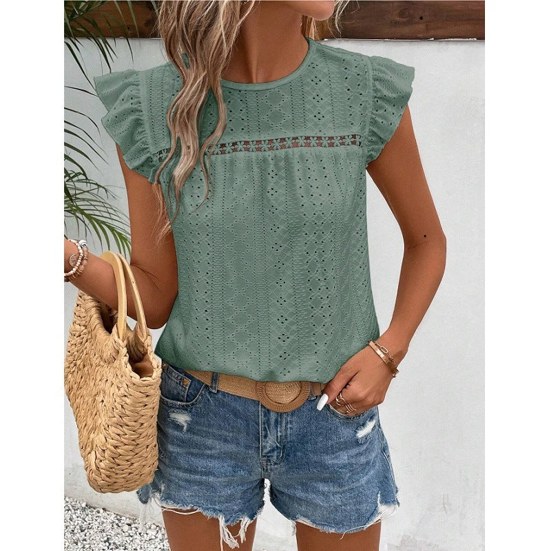 Women's Summer Round Neck Lace Solid Color Women's T-shirt