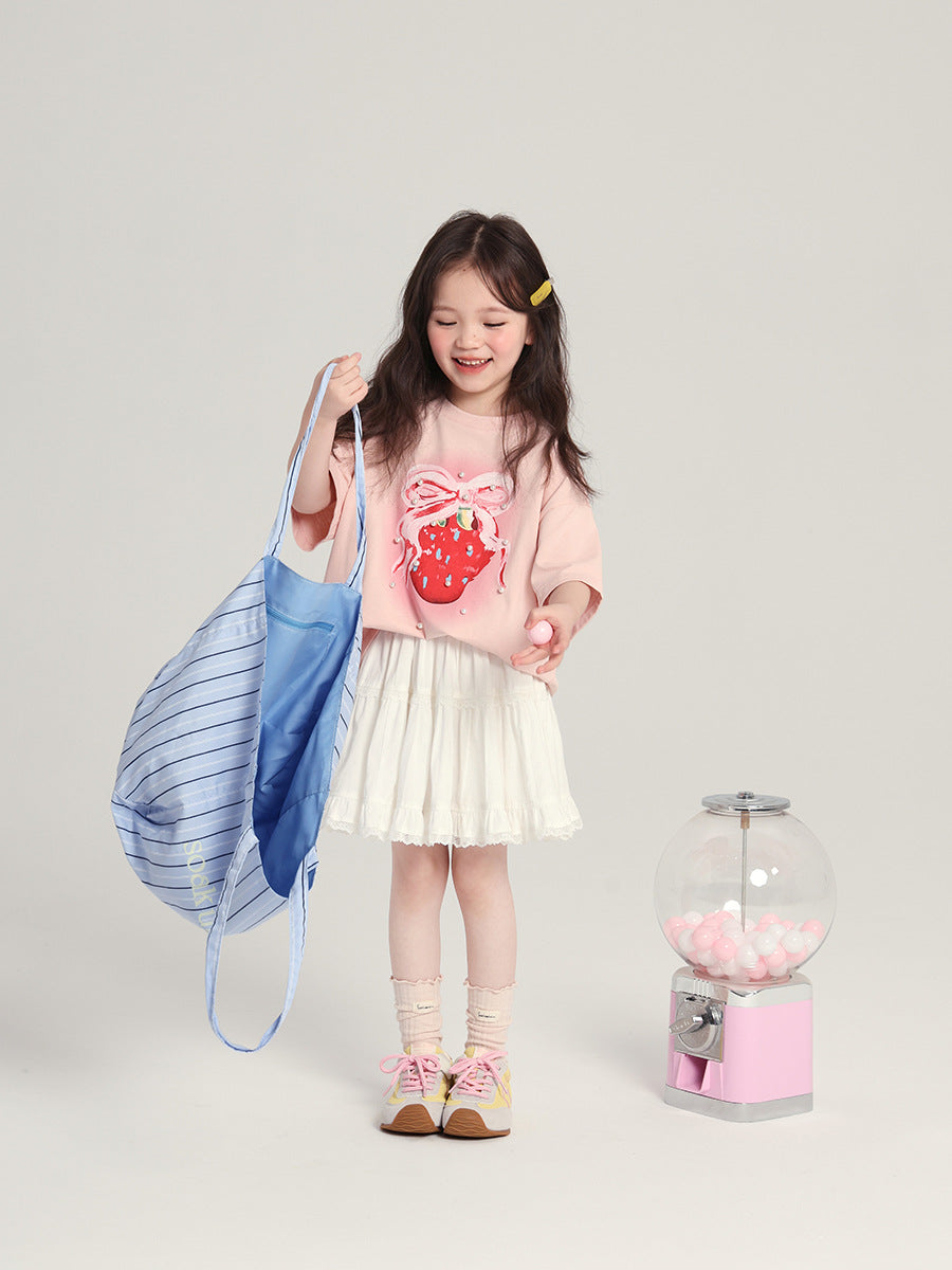 Sweetheart Strawberry Short-sleeved Sweet Pearl Decorative Pullover Children's T-shirt