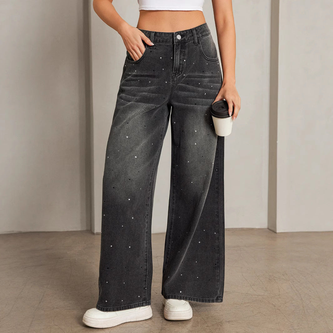 Retro Distressed Rhinestone Loose High Waist Black Women's Jeans