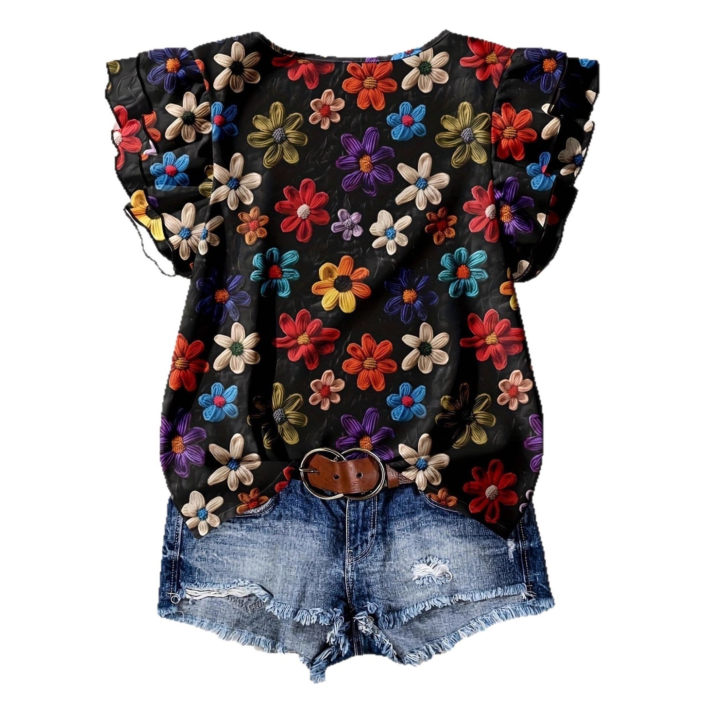Summer Casual Fashion Floral Printed Round Large Size T-shirt