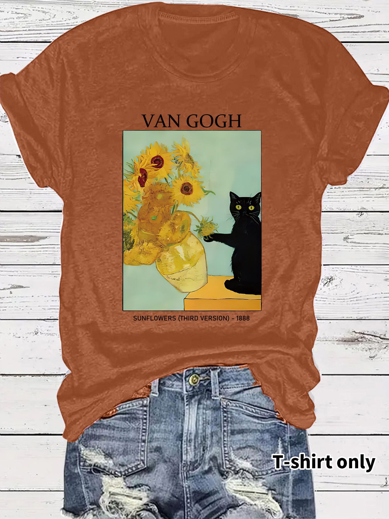 Women's Van Gogh Sunflower Cat Art Print Loose Casual Round Neck Women's T-shirt