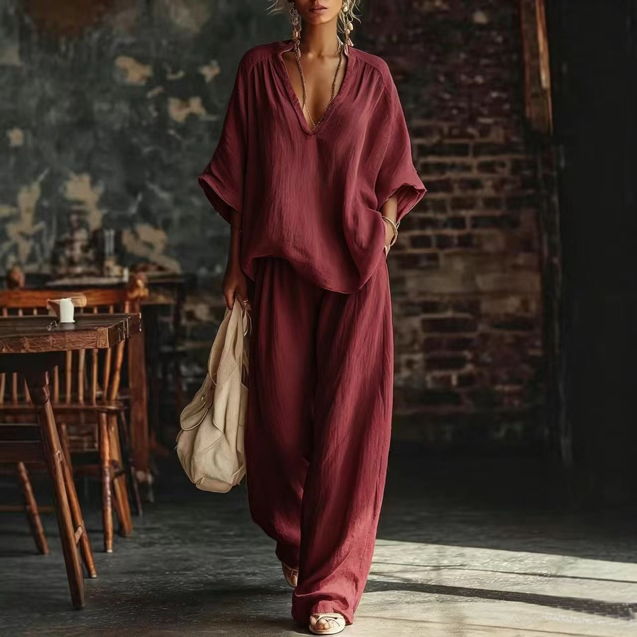 Women's Solid Color Loose Short-sleeved Trousers Two-piece Suits