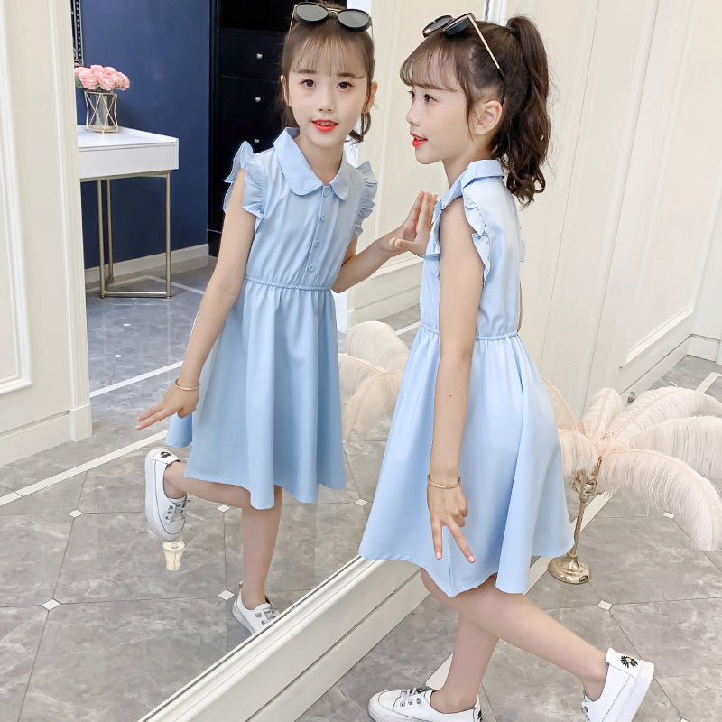 Children's Fashionable Solid Color Polo Collar Wooden Ear Teens Children's Dress