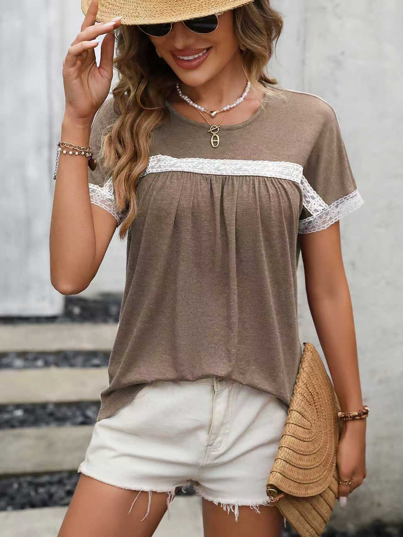 Women's Round Neck Lace Patchwork Short-sleeved Women's T-shirt