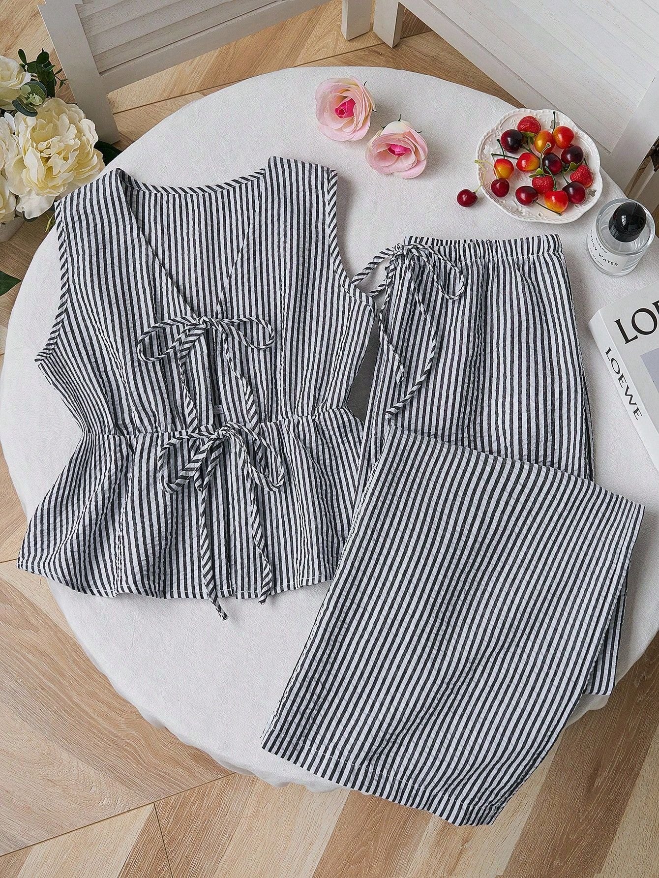 Color Striped Lace Up Wild Loose Trousers Fashion Casual Suit