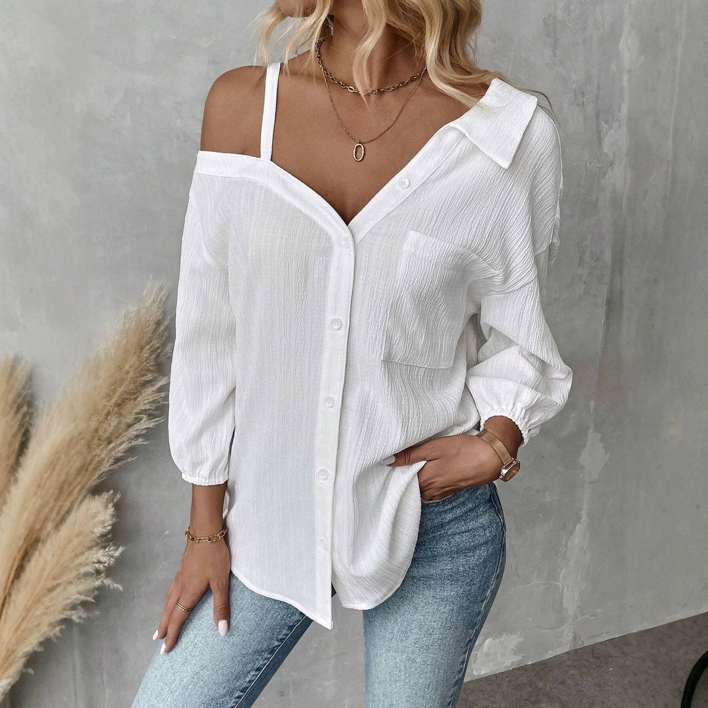 Lapel Three-quarter Sleeve Texture Single-breasted Casual Cardigans