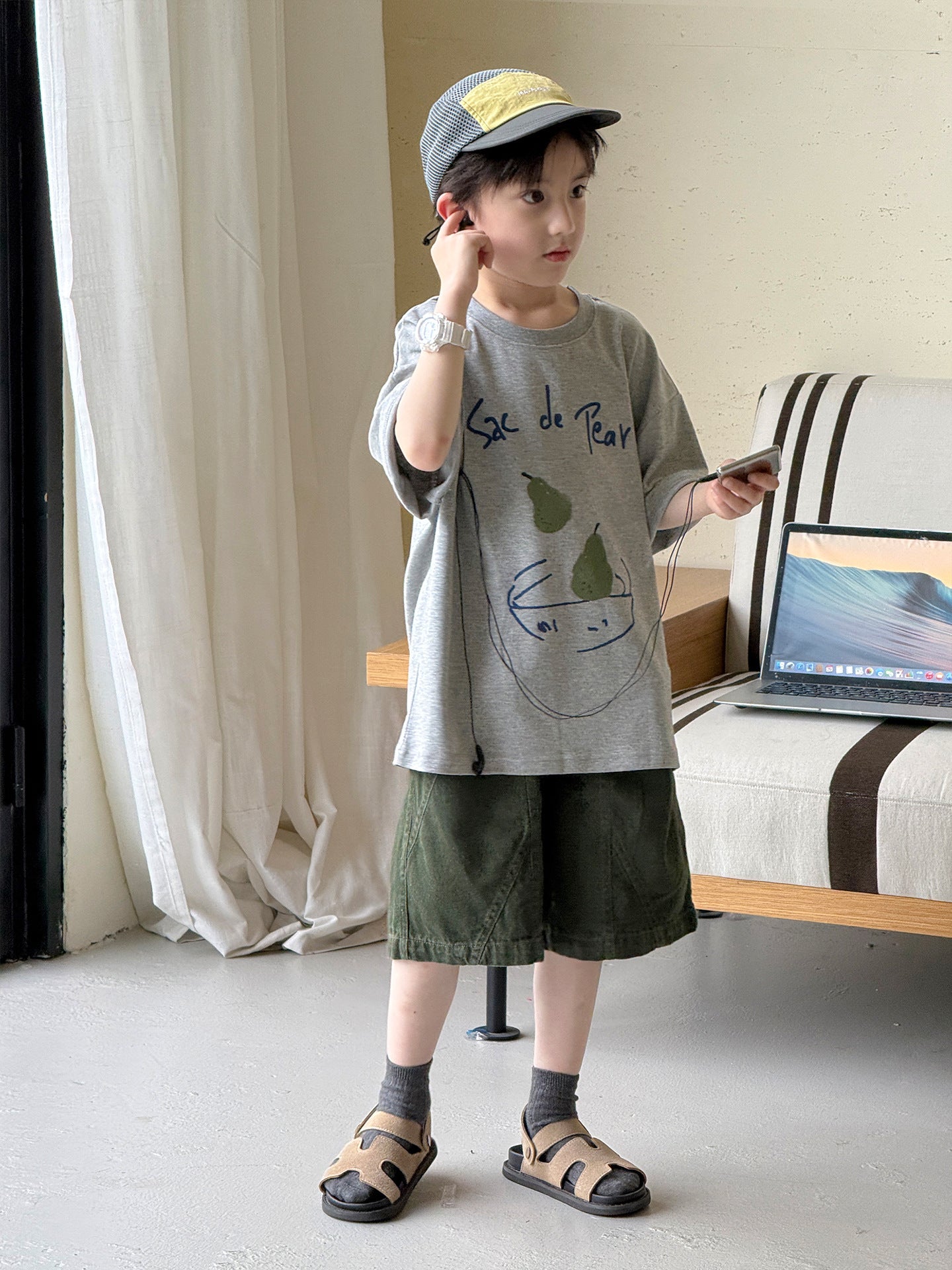 Children's Summer Clothes Boys Korean Style Pear Letter Printed Round Neck Children's T-shirt