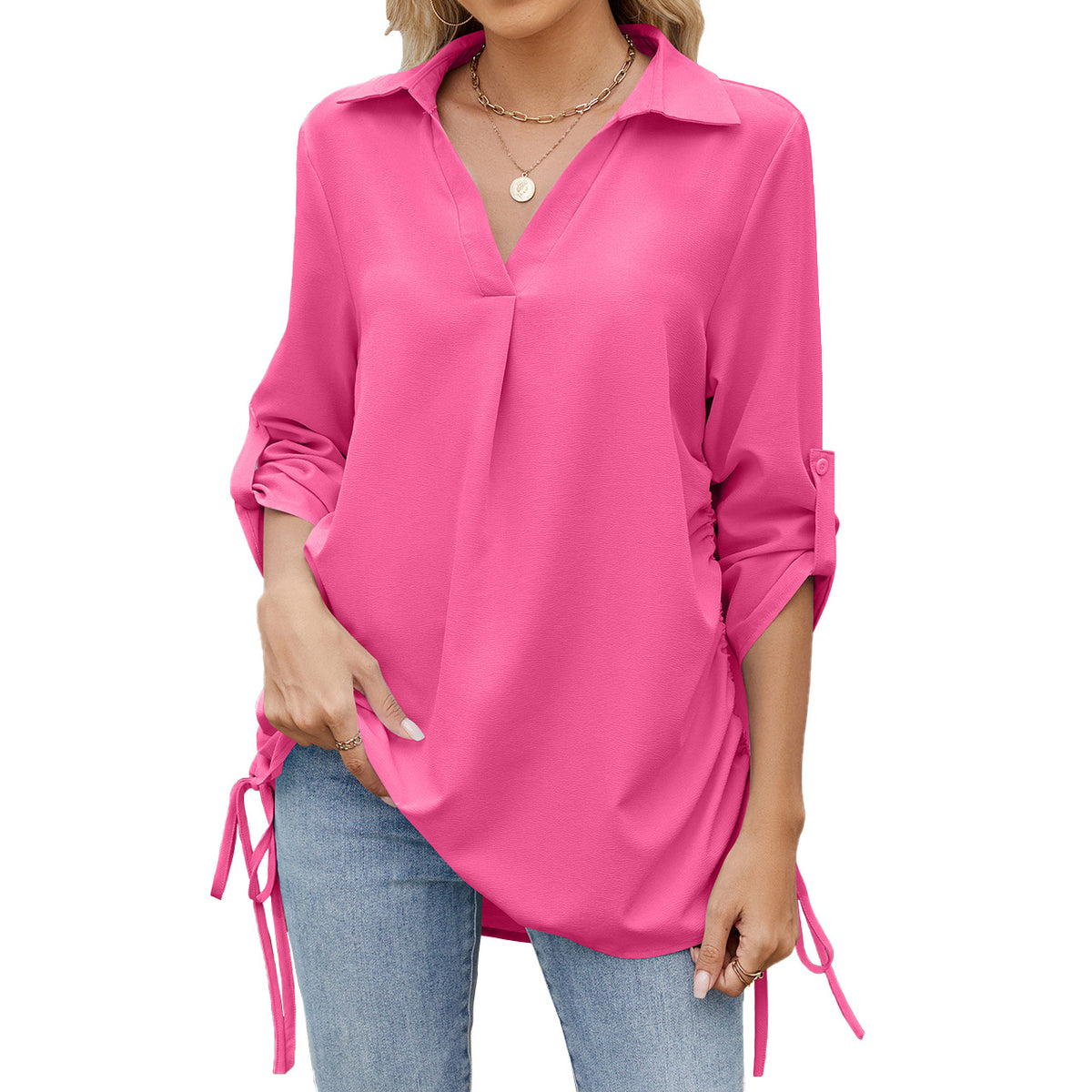Women's Color Polo Collar Loose Half Sleeve Blouses