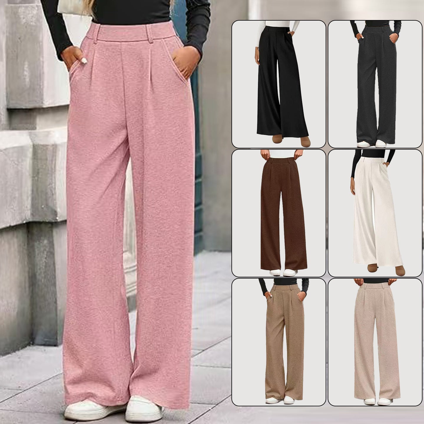 Women's Rib Loose Straight Trousers Commuting Wear Pants