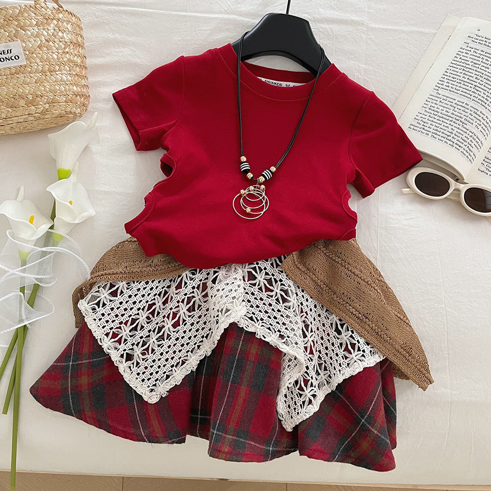 Summer Korean Fashionable Short-sleeved Ripped T-shirt Lace Plaid Skirt Children's Suit