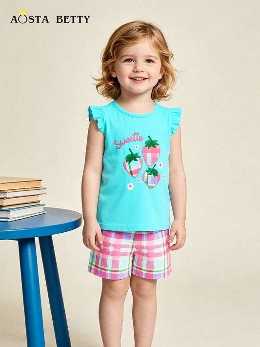 Children's Strawberry Embroidered Shorts Fashion Short Sleeve Children's Suit