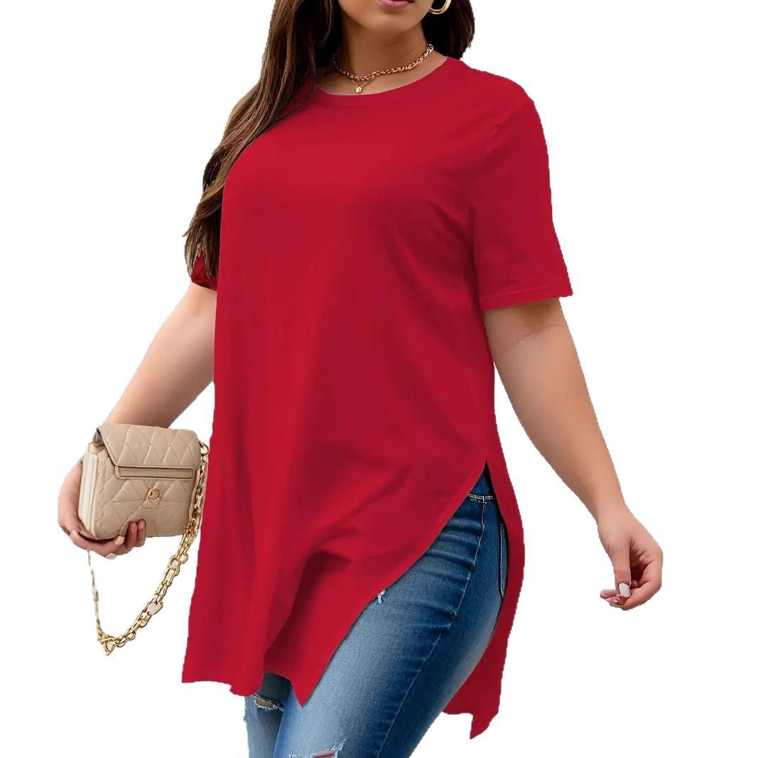 Versatile Women's Loose Slit Round Neck Tops