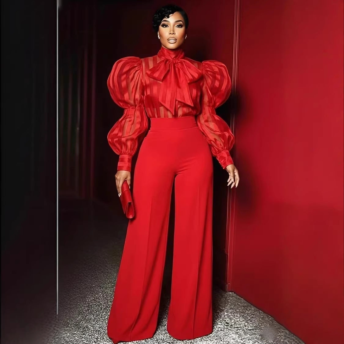 Women's Red Draping Mopping Slimming Trousers Casual Pants