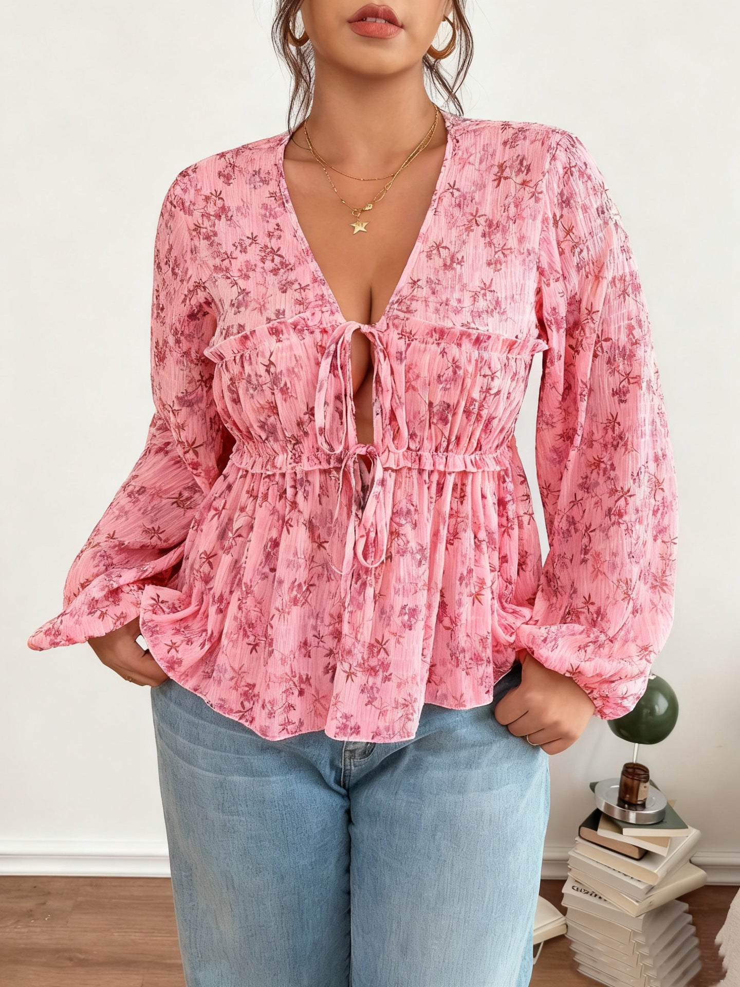 Floral Collar Long Sleeve Pleated Elastic Waist Casual Word With Tops
