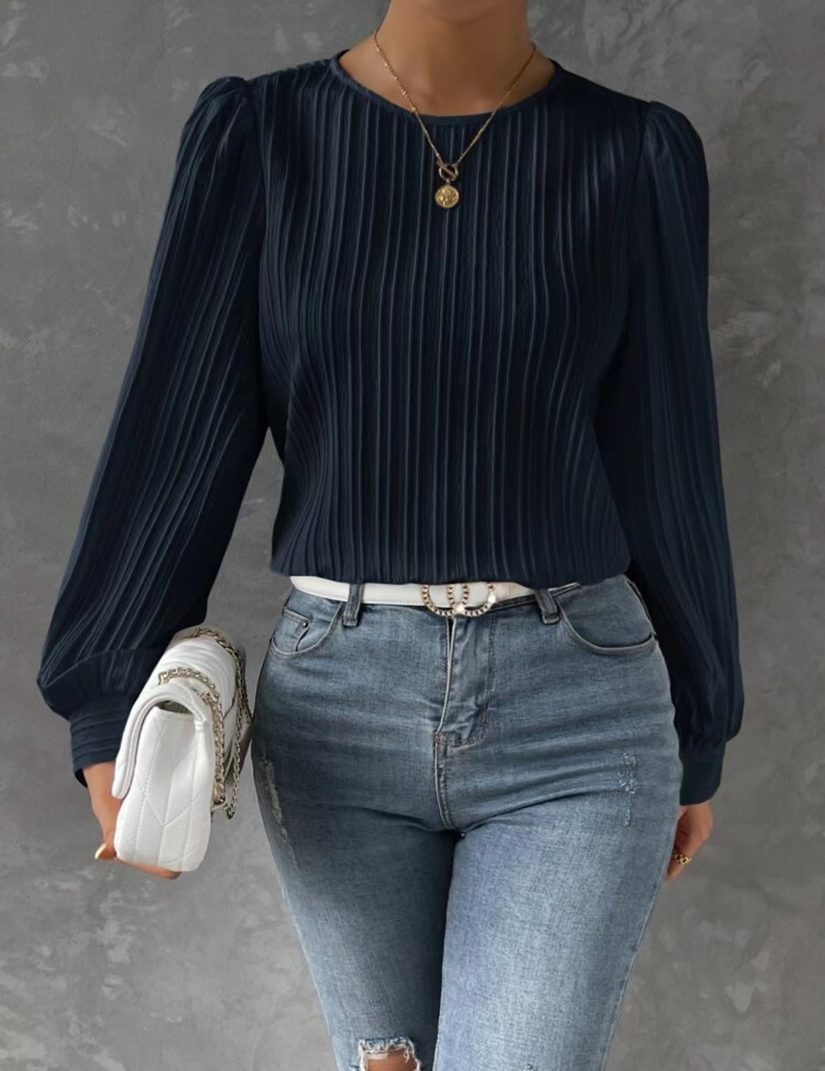 Spring Round Neck Lantern Sleeve Long Solid Color Blouses