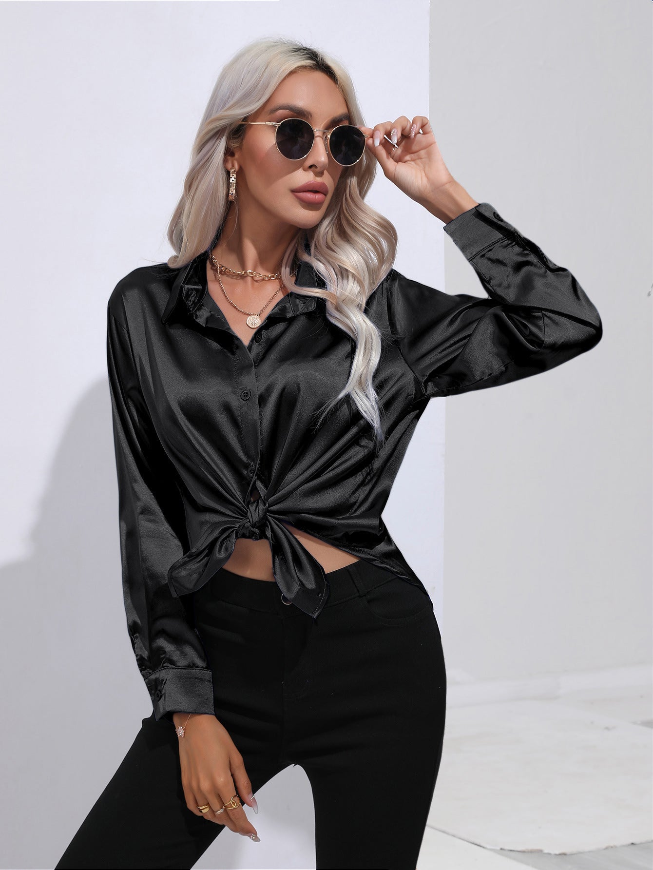 Glamorous Unique Women's Satin Shirt Long-sleeved Blouse