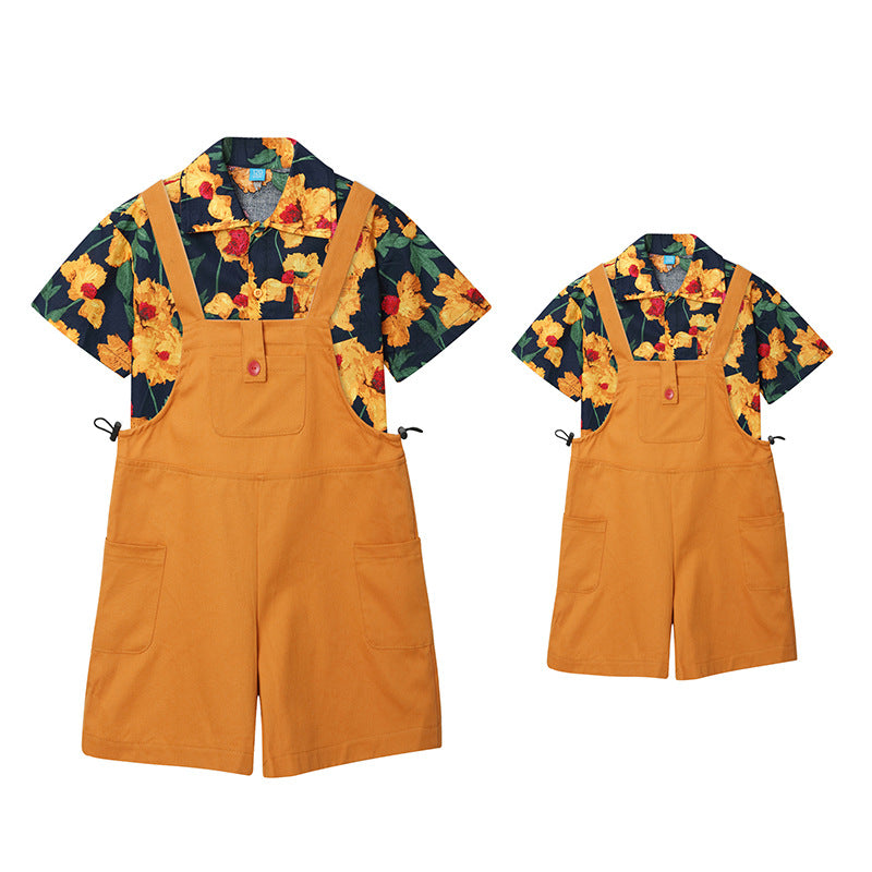 Summer Wind Printed Shirt Suspender Skirt Suit Family Of Three Parent-child Outfit