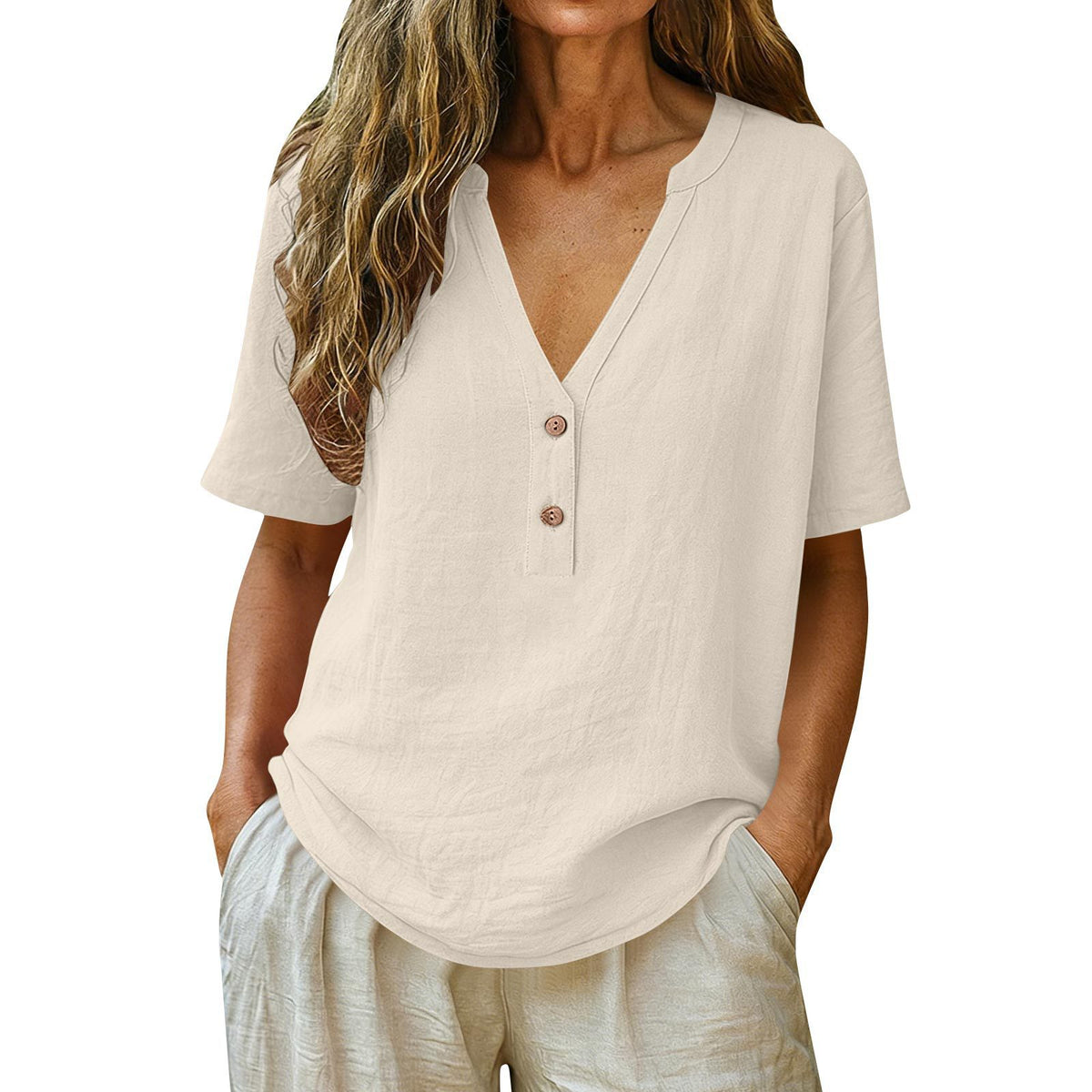 Women's Solid Color Button Fashion Sleeve Women's T-shirt