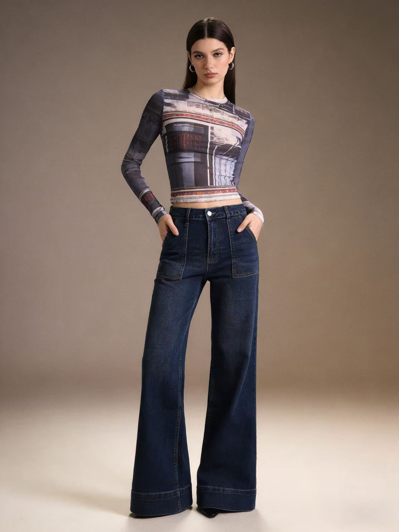 Women's Waist Wide Leg Leisure Loose Washed-out Jeans