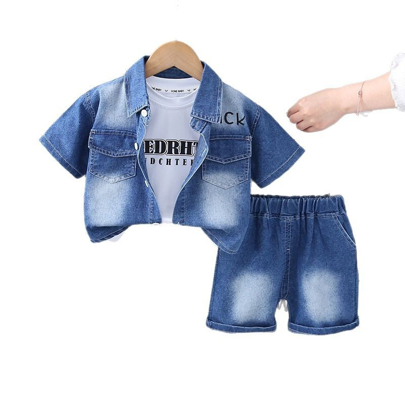 Summer White Denim Lapel Shirt Short-sleeved Three-piece Casual Children's Suit